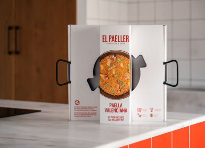 Paella packaging with 'El Paeller' branding on a kitchen counter.