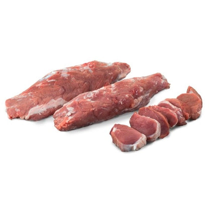Raw meat with a sliced portion on a white background