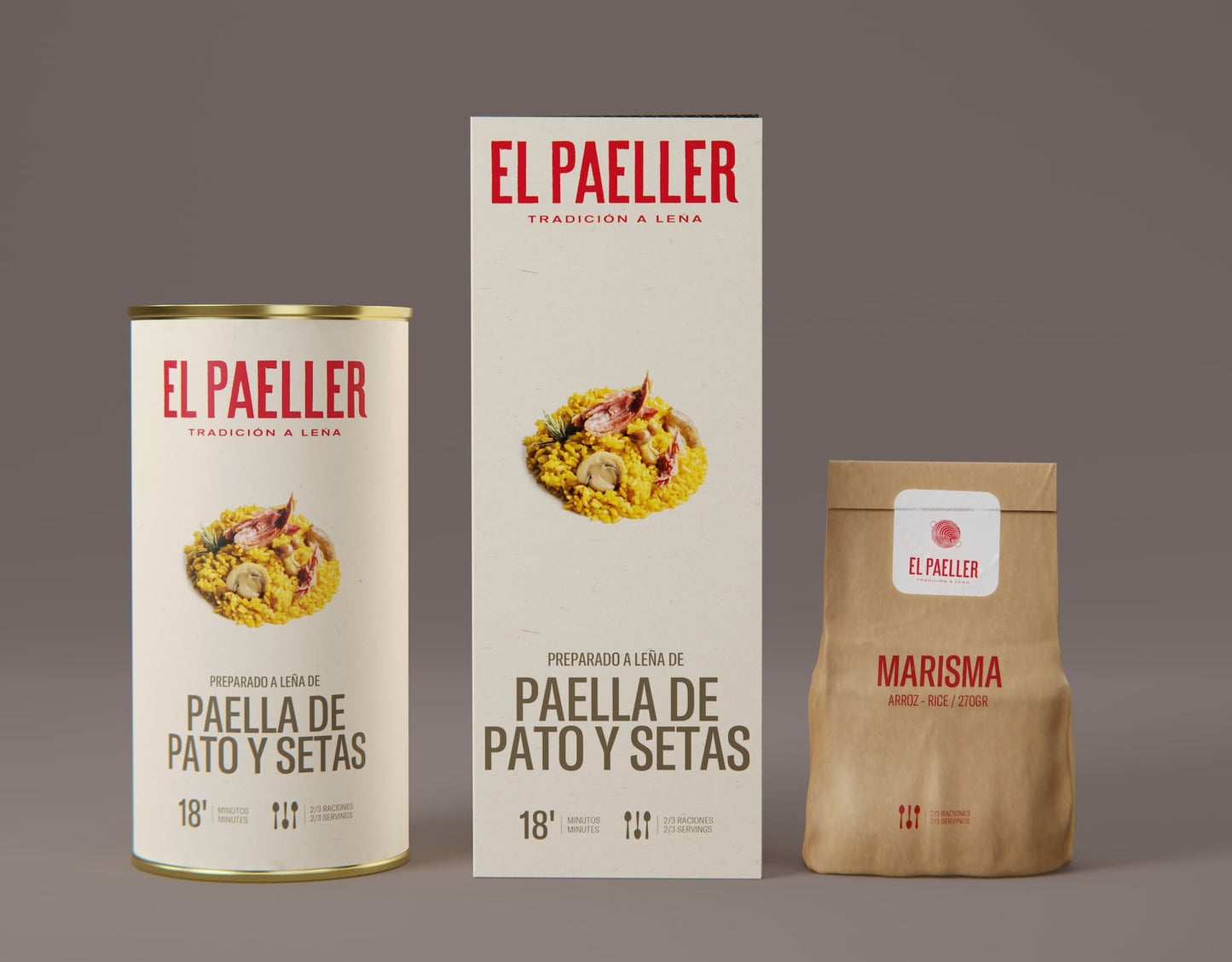 El Paeller packaging including a can, box, and paper bag on a gray background