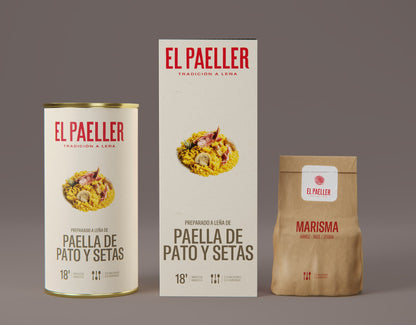 El Paeller packaging including a can, box, and paper bag on a gray background