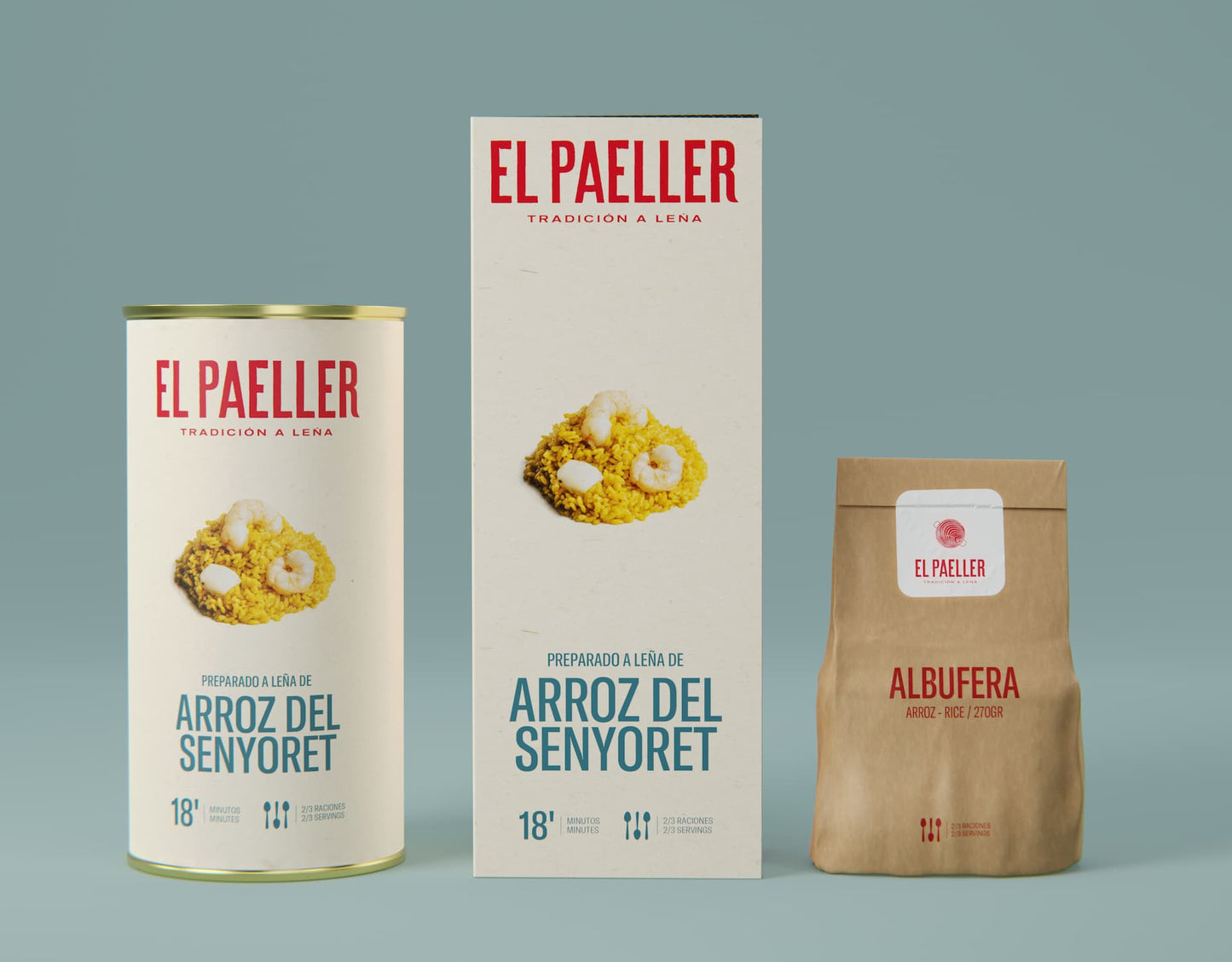 Three packaging items from El Paeller on a gray background