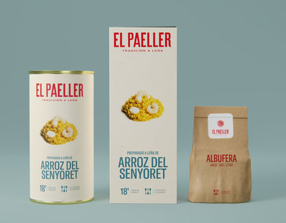 Three packaging items from El Paeller on a gray background