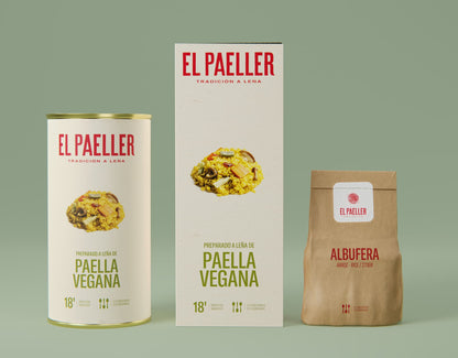 El Paeller packaging including a can, box, and bag on a green background