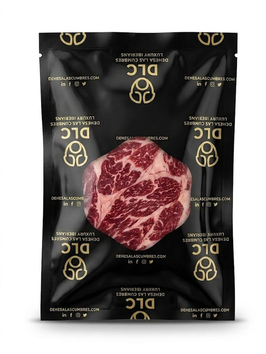 Black packaging of DLC with a raw steak image on a white background