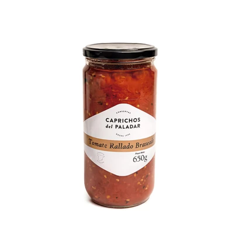 Jar of Caprichos del Paladar Tomato Rallado Bravas on a white background